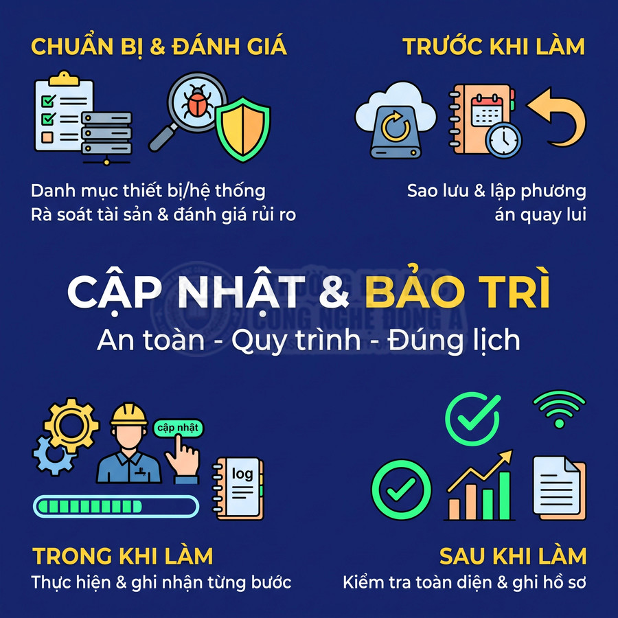 Quy trình cập nhật và bảo trì hệ thống gồm chuẩn bị, sao lưu, ghi nhận từng bước và kiểm tra sau khi hoàn tất
