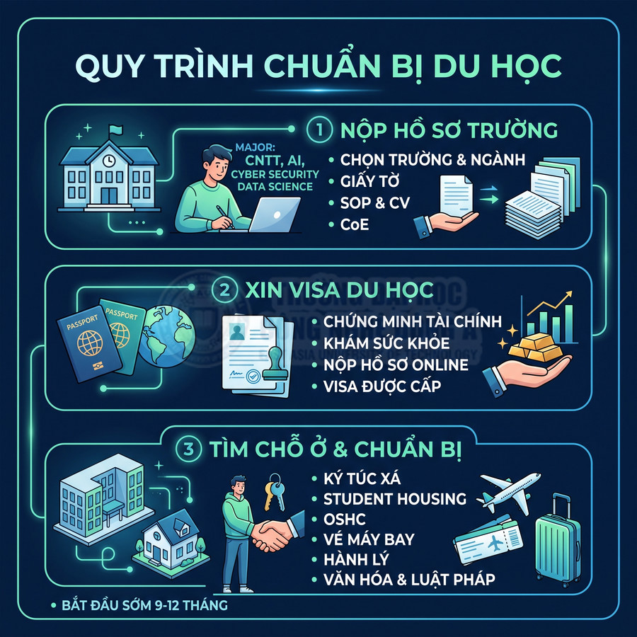 Quy trình chuẩn bị du học với 3 bước nộp hồ sơ trường, xin visa, tìm chỗ ở và chuẩn bị hành lý