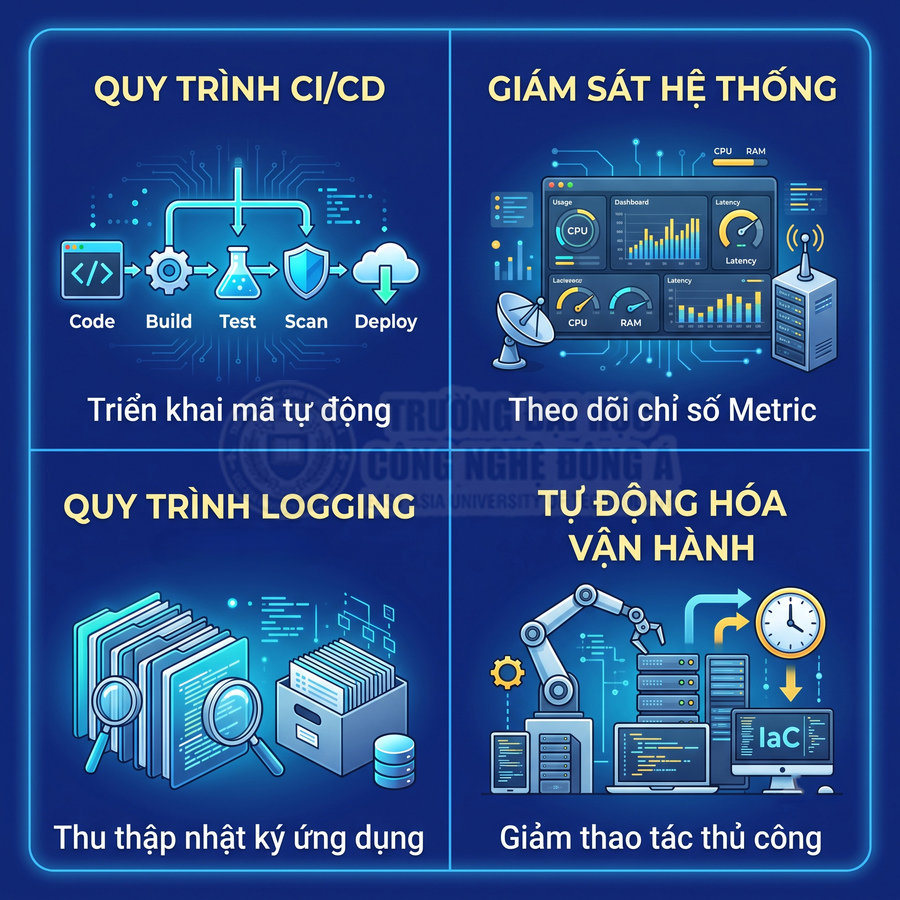 Minh họa quy trình DevOps với CI CD, giám sát hệ thống, logging và tự động hóa vận hành giảm thao tác thủ công