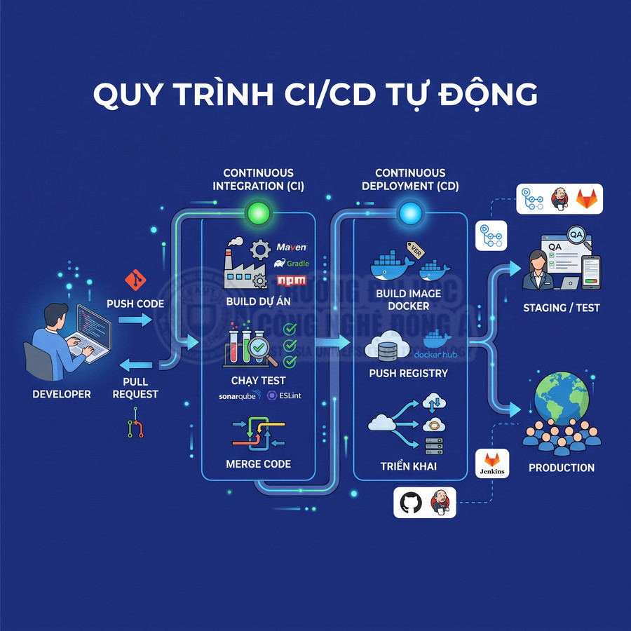 Sơ đồ quy trình CI CD tự động từ developer push code đến build Docker deploy staging và production