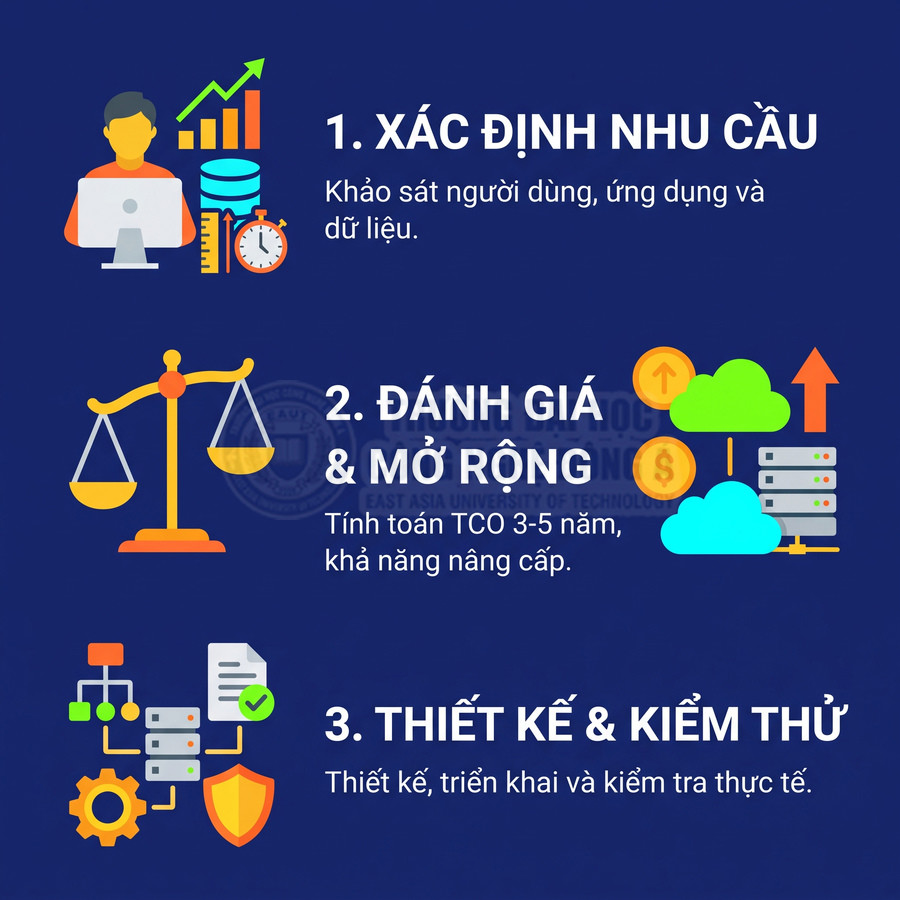 Ba bước triển khai giải pháp công nghệ: xác định nhu cầu, đánh giá chi phí và khả năng mở rộng, thiết kế và kiểm thử thực tế