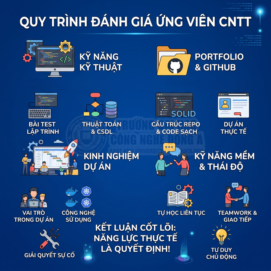 Quy trình đánh giá ứng viên CNTT với kỹ năng kỹ thuật, kinh nghiệm dự án, công nghệ sử dụng và kỹ năng mềm