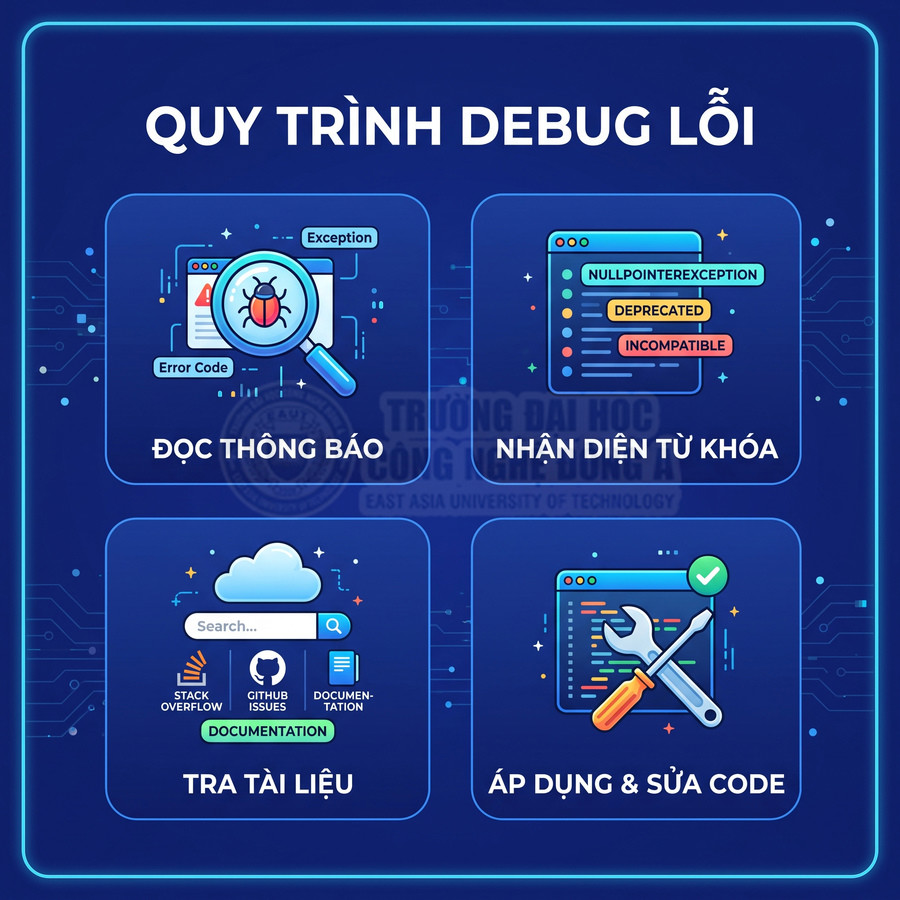 Quy trình debug lỗi lập trình với các bước đọc thông báo, nhận diện từ khóa, tra tài liệu và áp dụng sửa code