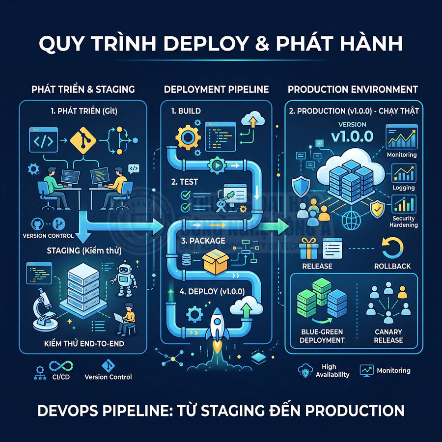 Quy trình DevOps pipeline từ phát triển, staging đến deploy và phát hành ứng dụng lên production