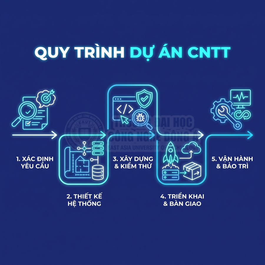 Quy trình dự án CNTT gồm xác định yêu cầu, thiết kế hệ thống, xây dựng và kiểm thử, triển khai bàn giao, vận hành bảo trì