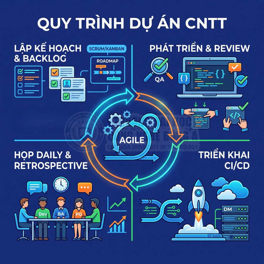 Quy trình dự án CNTT theo Agile với các bước lập kế hoạch, phát triển, họp nhóm và triển khai CI CD