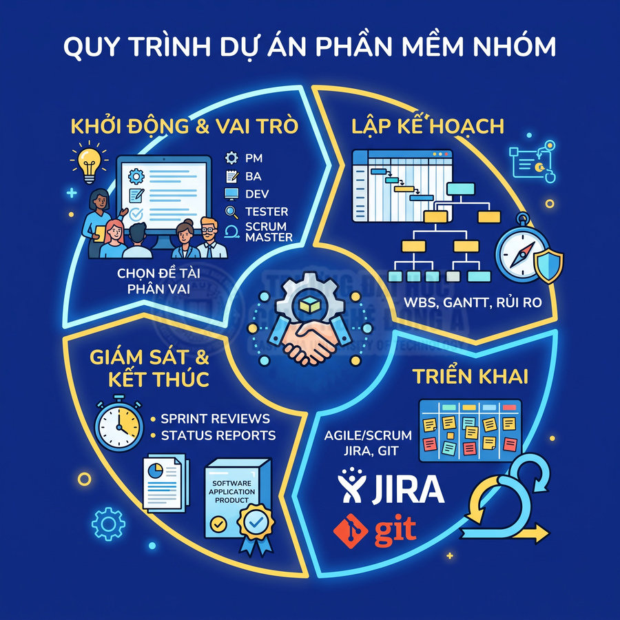 Quy trình quản lý dự án phần mềm nhóm với các bước khởi động, lập kế hoạch, triển khai, giám sát và công cụ Jira Git