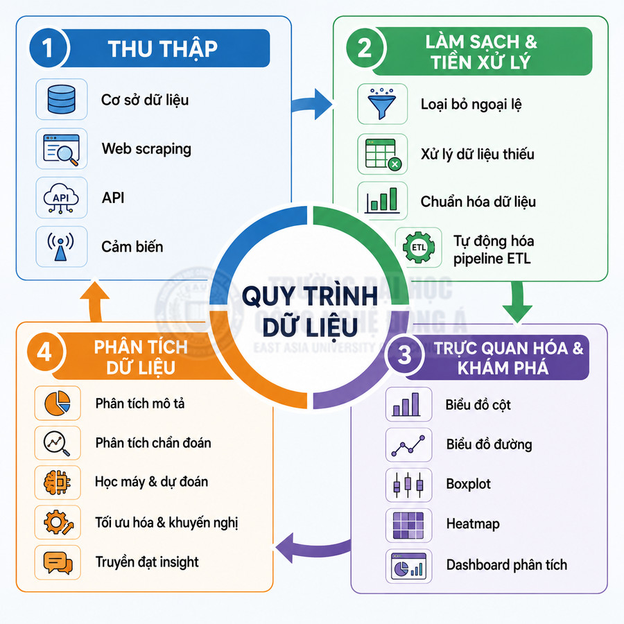 Quy trình dữ liệu gồm 4 bước thu thập, làm sạch, trực quan hóa và phân tích dữ liệu với các ví dụ minh họa