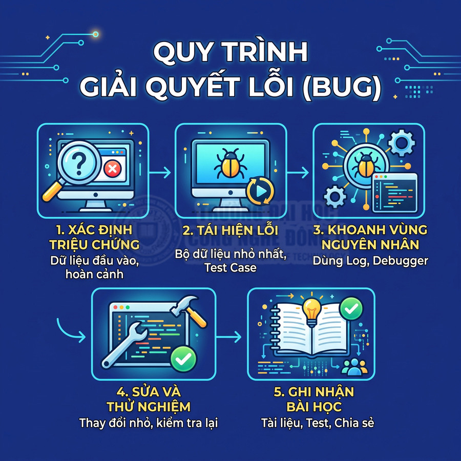 Quy trình 5 bước giải quyết lỗi phần mềm gồm xác định triệu chứng, tái hiện lỗi, khoanh vùng nguyên nhân, sửa và ghi nhận bài học