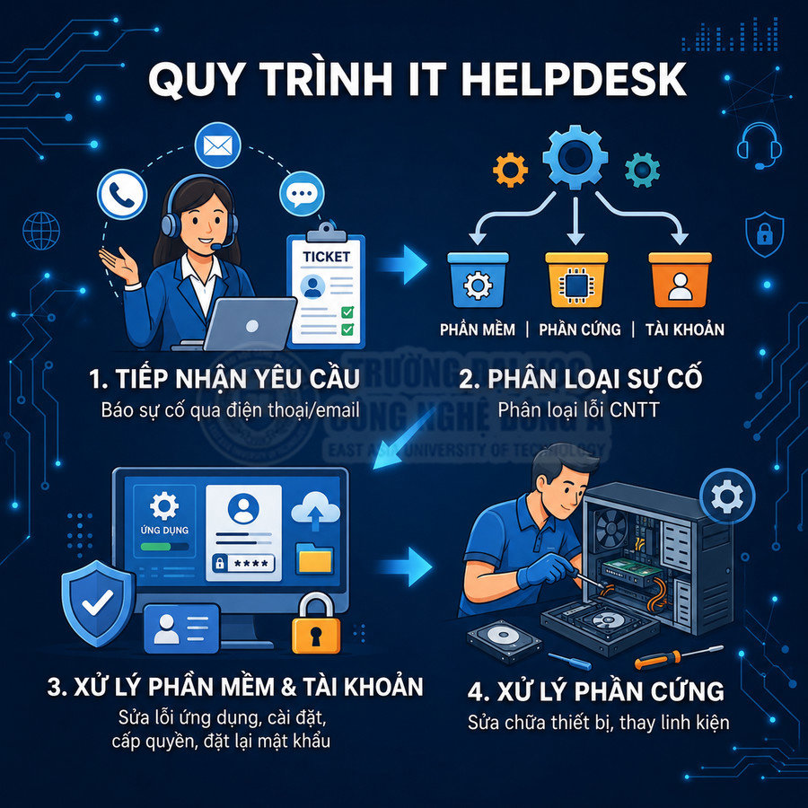 Quy trình IT helpdesk từ tiếp nhận yêu cầu, phân loại sự cố đến xử lý phần mềm, tài khoản và sửa chữa phần cứng