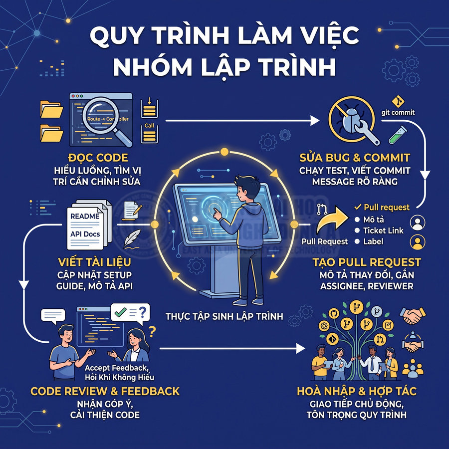 Quy trình làm việc nhóm lập trình cho thực tập sinh từ đọc code, sửa bug, viết tài liệu đến pull request và hợp tác