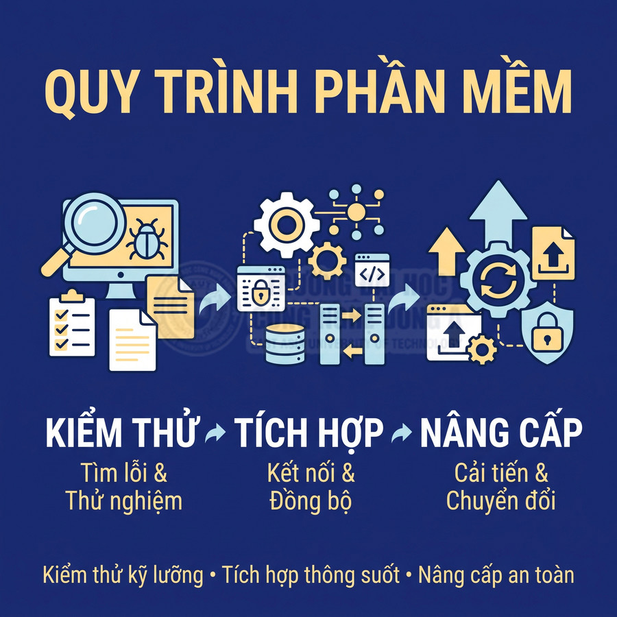 Quy trình phần mềm gồm kiểm thử, tích hợp và nâng cấp để tìm lỗi, đồng bộ hệ thống và cải tiến an toàn