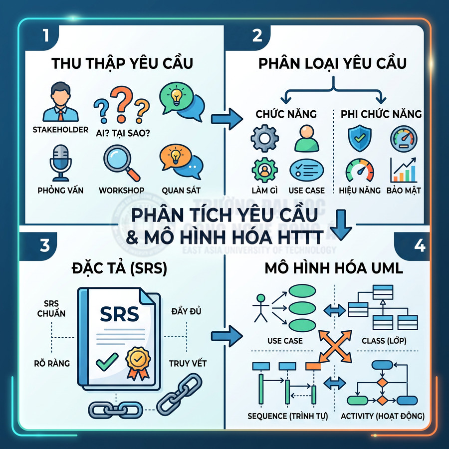 Quy trình phân tích yêu cầu và mô hình hóa HTTT với các bước thu thập, phân loại, đặc tả SRS và mô hình hóa UML