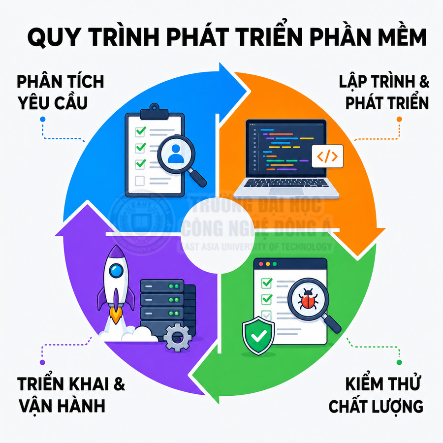 Quy trình phát triển phần mềm với các bước phân tích yêu cầu, lập trình, kiểm thử chất lượng, triển khai và vận hành