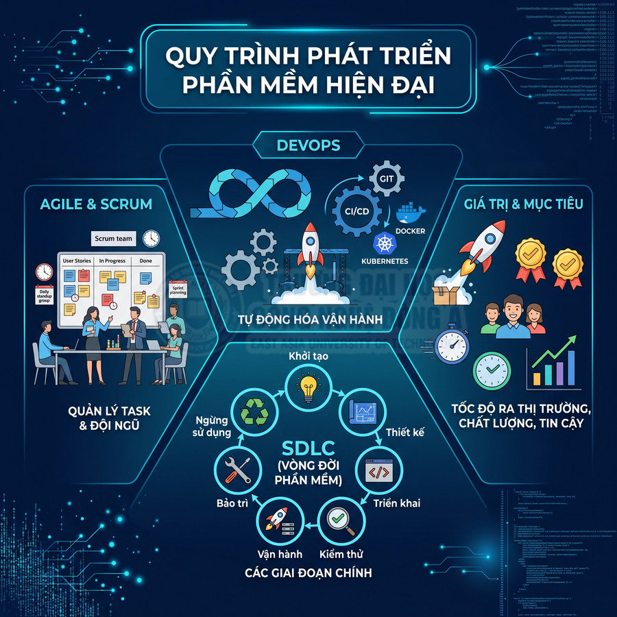 Quy trình phát triển phần mềm hiện đại với Agile Scrum DevOps và vòng đời SDLC minh họa trực quan