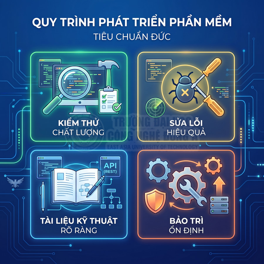 Quy trình phát triển phần mềm tiêu chuẩn Đức với kiểm thử, sửa lỗi, tài liệu kỹ thuật và bảo trì ổn định