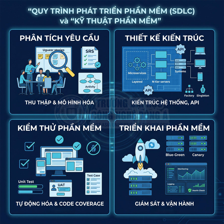 Quy trình phát triển phần mềm SDLC với các bước phân tích yêu cầu, thiết kế kiến trúc, kiểm thử và triển khai