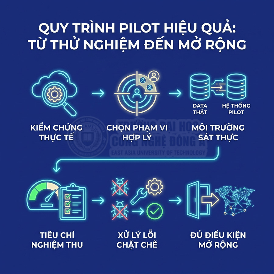 Quy trình pilot từ kiểm chứng thực tế, chọn phạm vi, thử nghiệm, nghiệm thu và xử lý lỗi đến mở rộng hệ thống