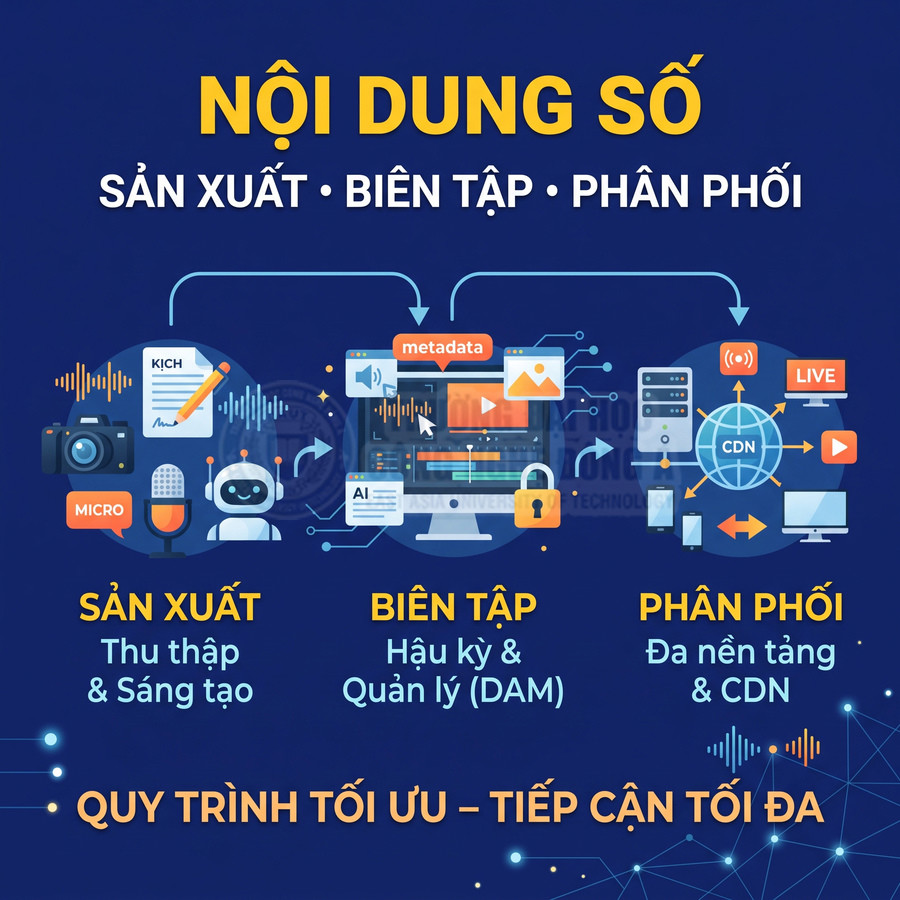 Quy trình nội dung số gồm sản xuất, biên tập và phân phối đa nền tảng qua CDN