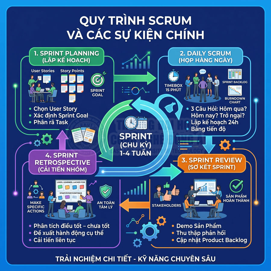 Infographic quy trình Scrum với các bước sprint planning, daily scrum, sprint review và sprint retrospective