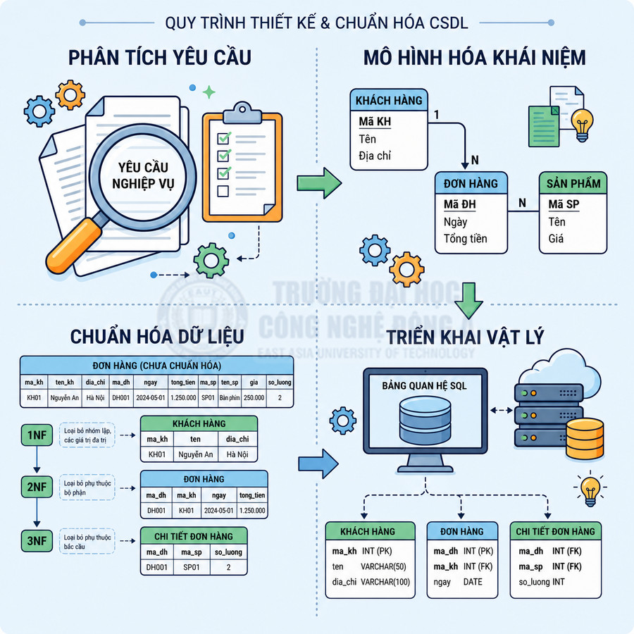 Quy trình thiết kế và chuẩn hóa cơ sở dữ liệu từ phân tích yêu cầu đến triển khai vật lý bằng bảng quan hệ SQL