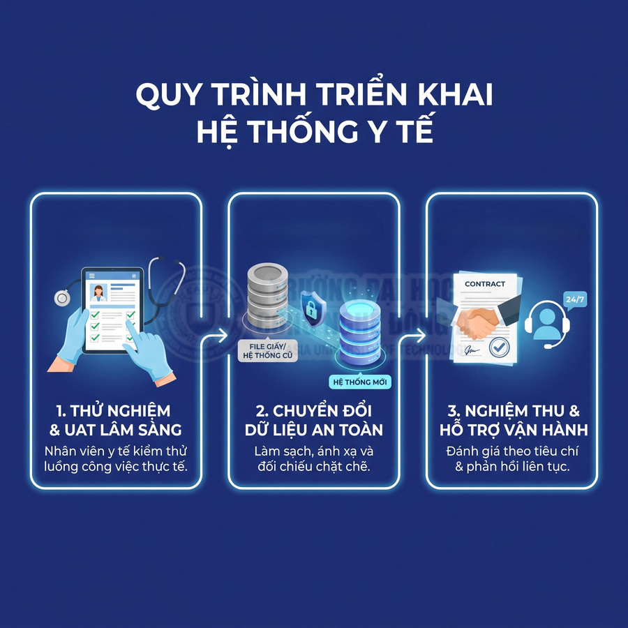 Quy trình triển khai hệ thống y tế gồm thử nghiệm lâm sàng, chuyển đổi dữ liệu an toàn và hỗ trợ vận hành 24/7
