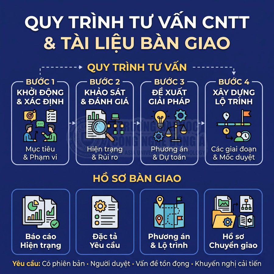 Quy trình tư vấn CNTT từ khởi động, khảo sát và đề xuất giải pháp đến xây dựng lộ trình, bàn giao hồ sơ