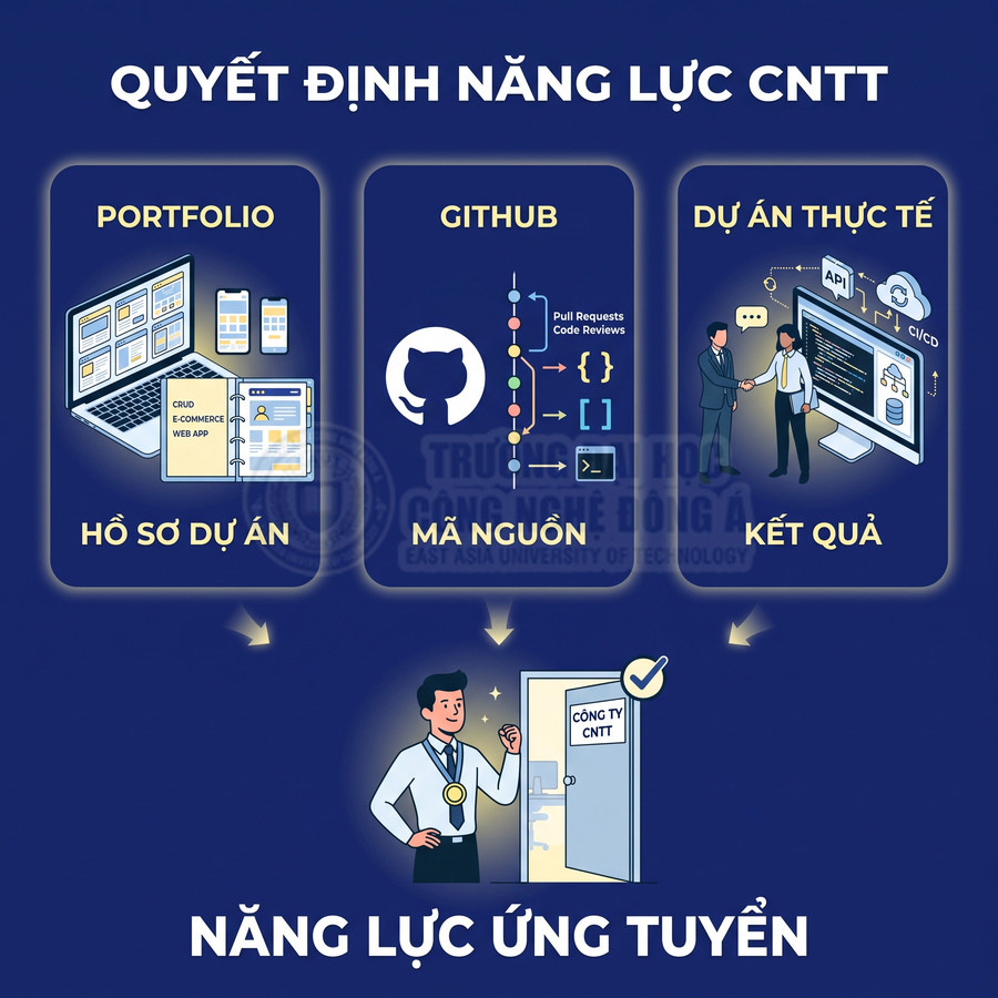 Infographic năng lực ứng tuyển IT với portfolio, mã nguồn GitHub và dự án thực tế dẫn tới cơ hội vào công ty CNTT