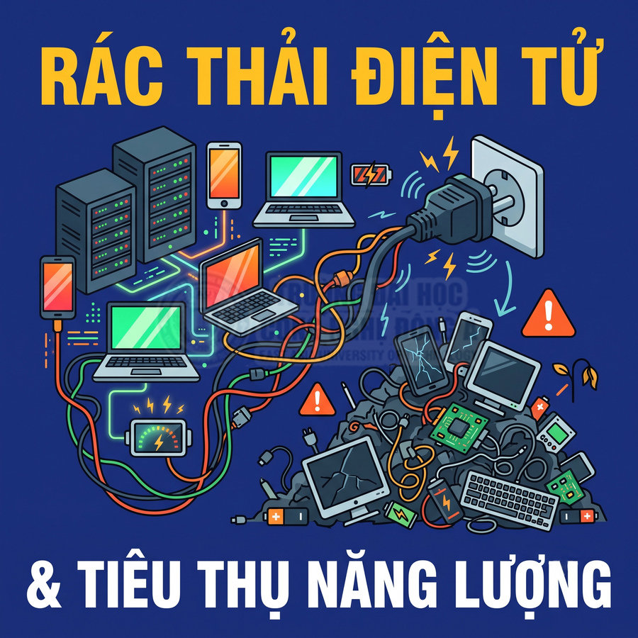 Minh họa rác thải điện tử gồm máy tính, điện thoại, pin và dây cáp, cảnh báo tiêu thụ năng lượng lãng phí
