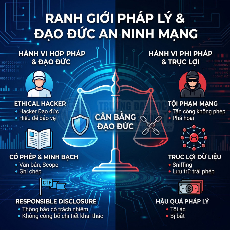 Minh họa ranh giới pháp lý và đạo đức an ninh mạng giữa hacker mũ trắng và tội phạm mạng