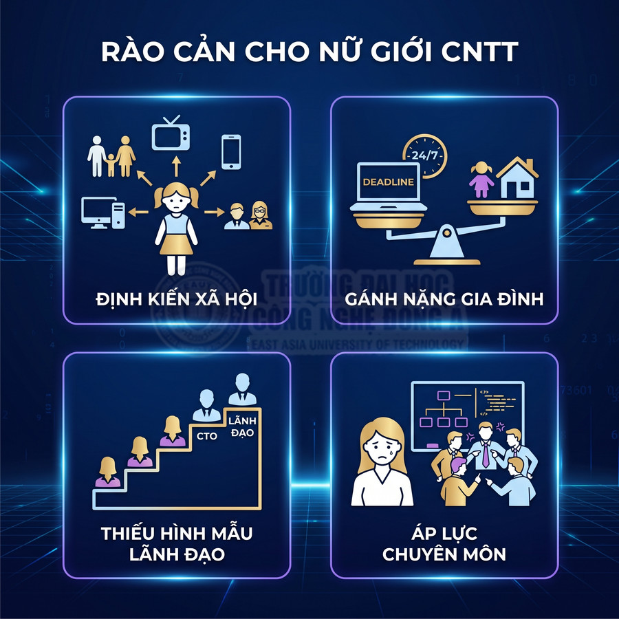 Các rào cản cho nữ giới ngành công nghệ thông tin như định kiến xã hội, gánh nặng gia đình, thiếu hình mẫu lãnh đạo, áp lực chuyên môn