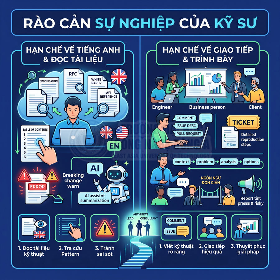 Infographic mô tả các rào cản sự nghiệp của kỹ sư về tiếng Anh, đọc tài liệu, giao tiếp và trình bày