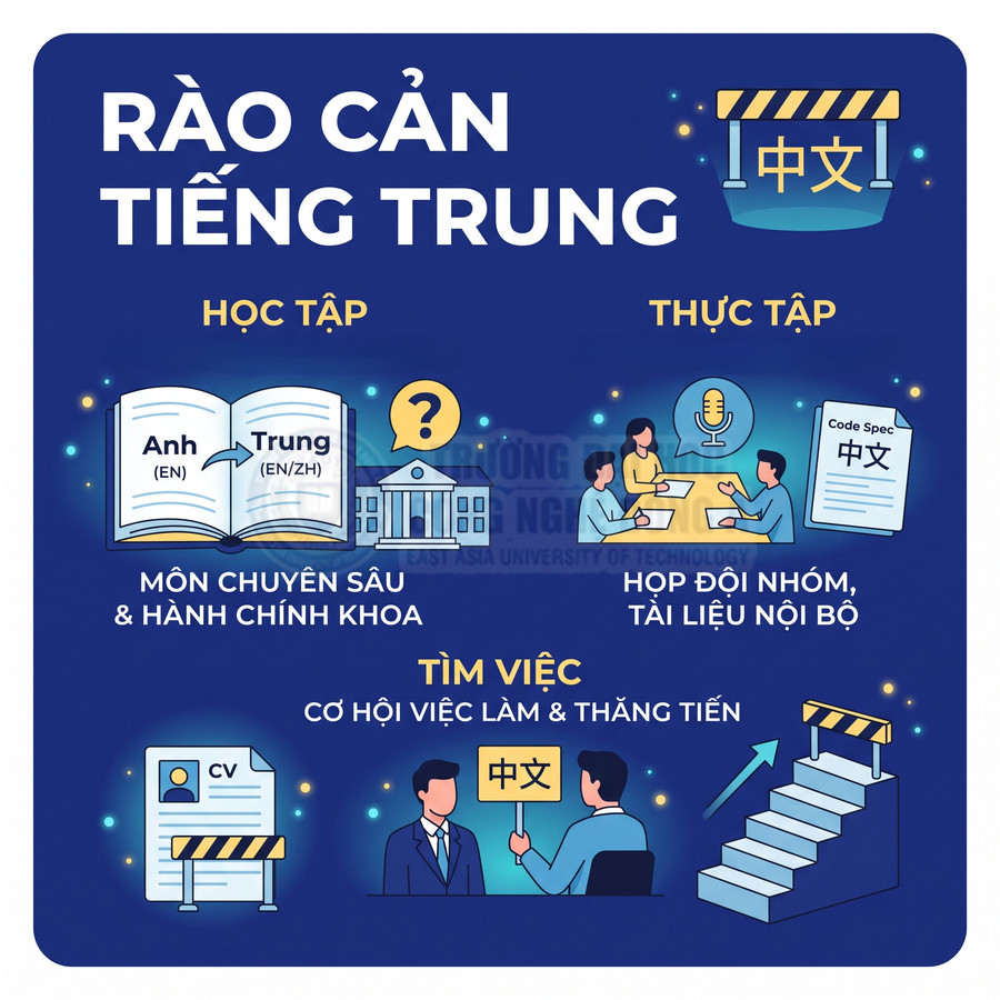 Infographic rào cản tiếng Trung trong học tập, thực tập và tìm việc với các biểu tượng sách, họp nhóm, CV và thăng tiến