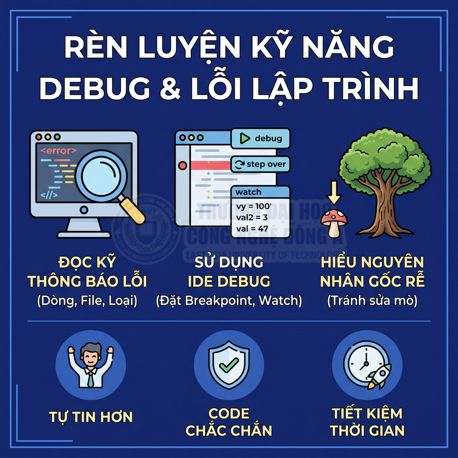 Infographic rèn luyện kỹ năng debug và xử lý lỗi lập trình với các bước và lợi ích minh họa trực quan