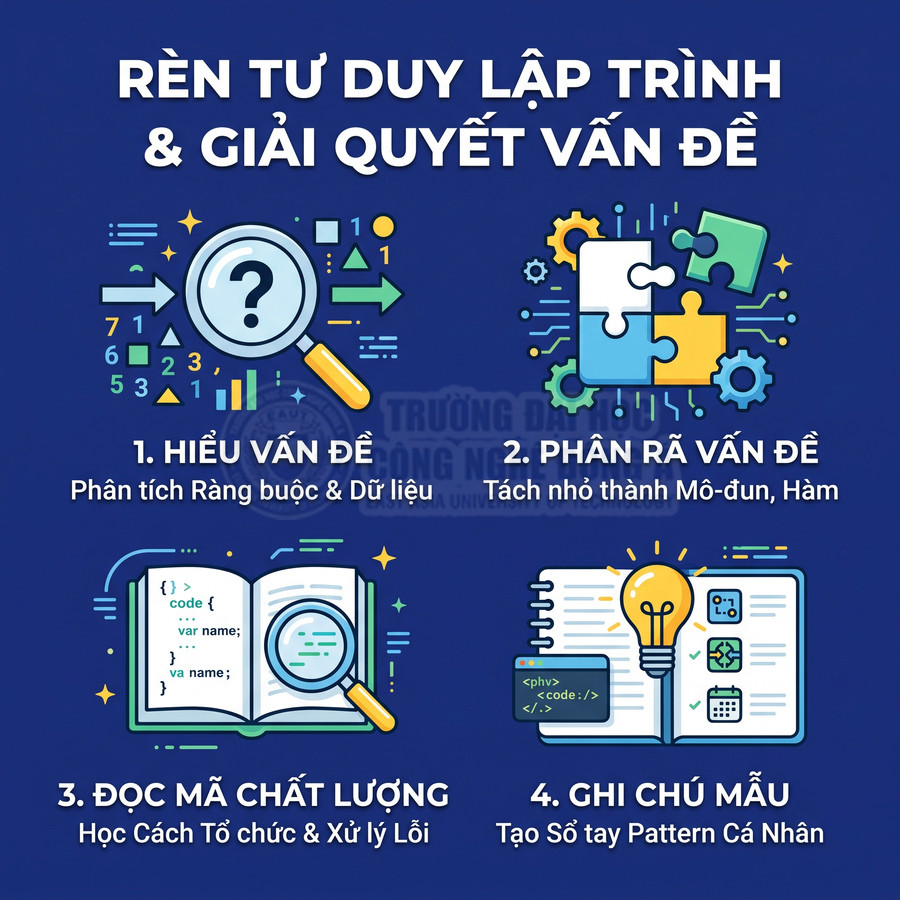 Hướng dẫn rèn tư duy lập trình và giải quyết vấn đề với 4 bước minh họa trực quan bằng icon lập trình