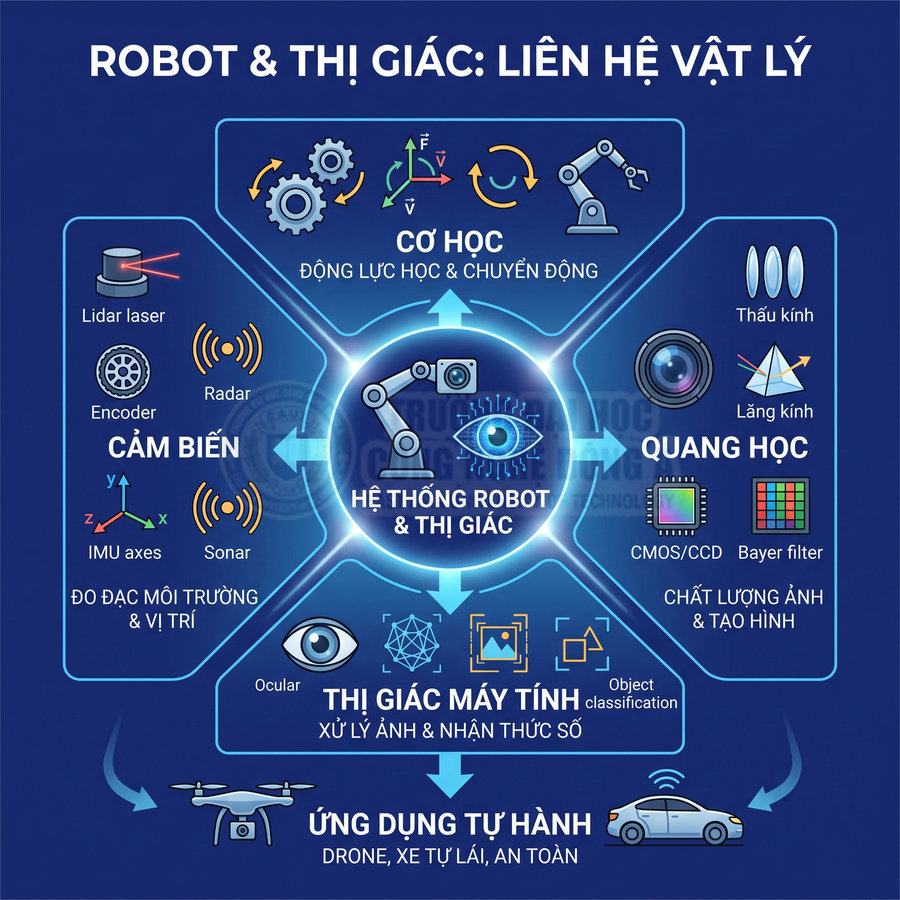 Sơ đồ hệ thống robot và thị giác máy tính với cảm biến, quang học và ứng dụng tự hành như drone, xe tự lái