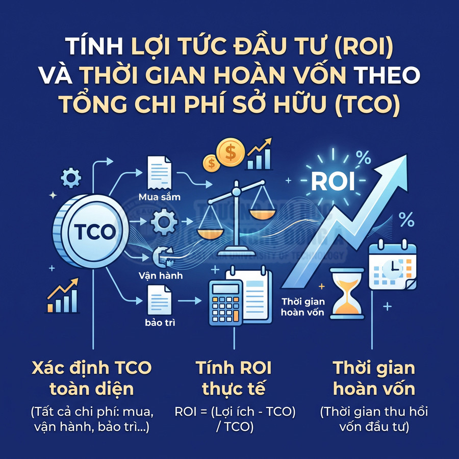 Hình minh họa cách tính tổng chi phí sở hữu TCO, lợi tức đầu tư ROI và thời gian hoàn vốn với biểu đồ tăng trưởng tài chính, cân, máy tính và lịch