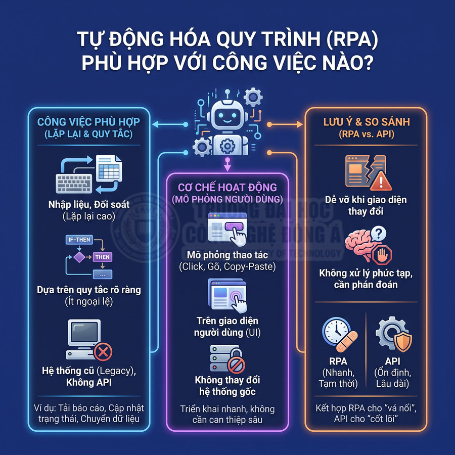 Tự động hóa quy trình RPA cho công việc lặp lại, mô phỏng thao tác người dùng và so sánh với API