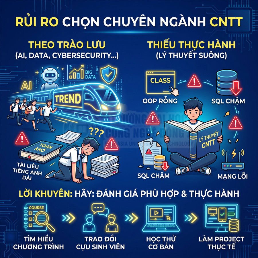Infographic rủi ro chọn ngành CNTT theo trào lưu, thiếu thực hành và lời khuyên đánh giá phù hợp, học thử, làm project thực tế