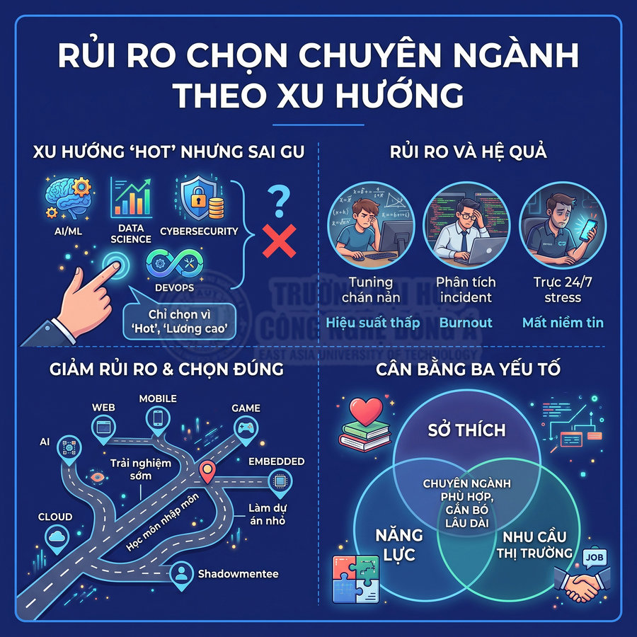 Infographic rủi ro chọn chuyên ngành CNTT theo xu hướng và cách chọn ngành phù hợp năng lực, sở thích, thị trường