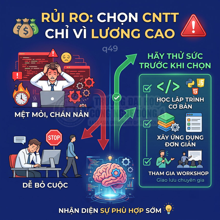 Infographic cảnh báo rủi ro chọn ngành CNTT chỉ vì lương cao và gợi ý thử sức lập trình cơ bản, workshop trước khi quyết định