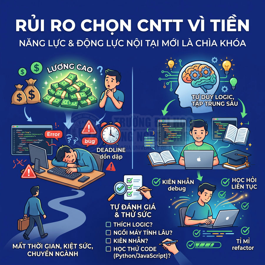 Minh họa rủi ro chọn ngành CNTT vì tiền và các tố chất cần có để học lập trình hiệu quả