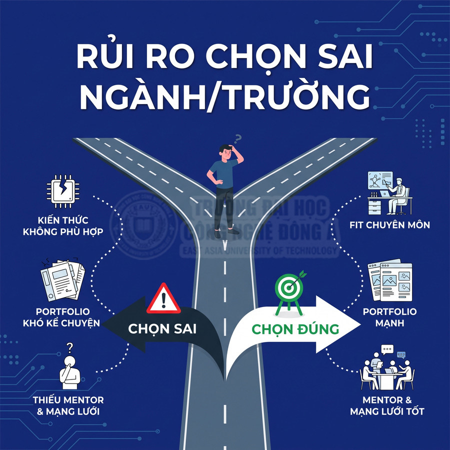 Infographic rủi ro chọn sai ngành trường với hai con đường chọn sai và chọn đúng cho học sinh