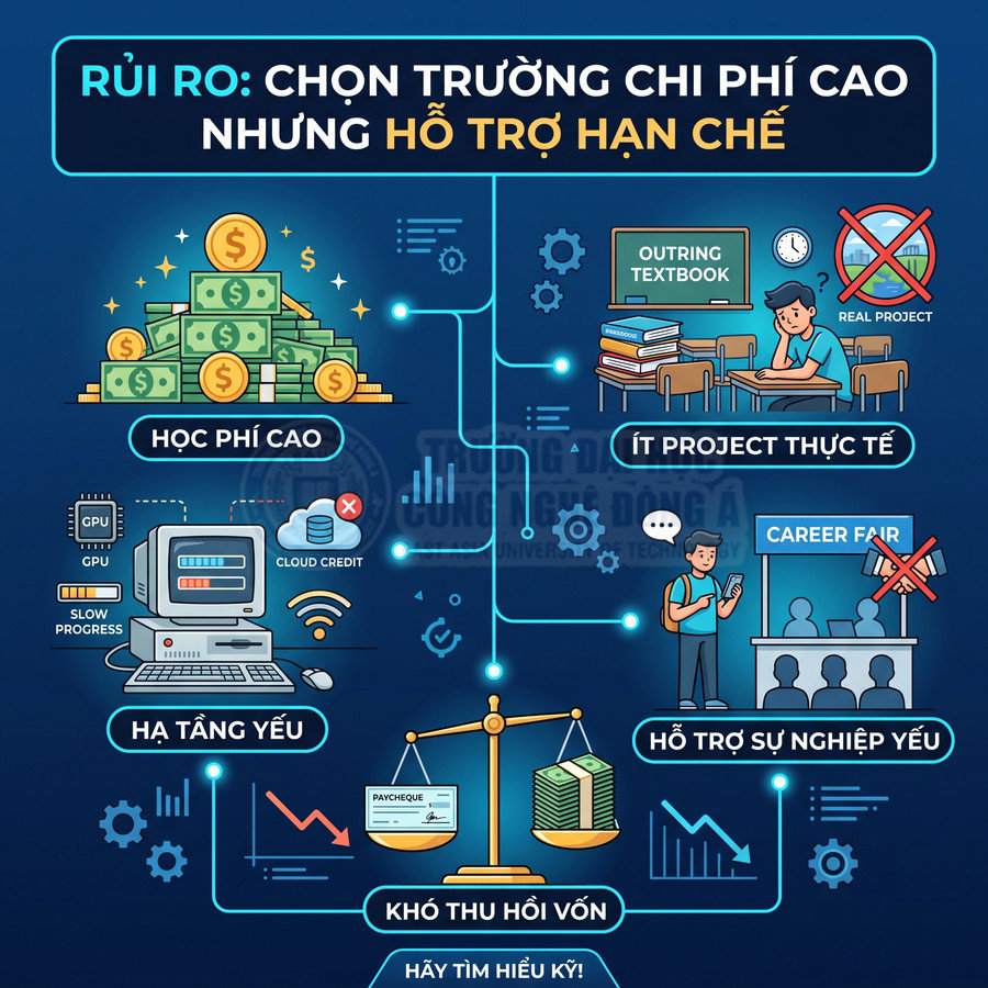 Infographic cảnh báo rủi ro chọn trường học phí cao nhưng ít hỗ trợ, hạ tầng yếu và khó thu hồi vốn học tập