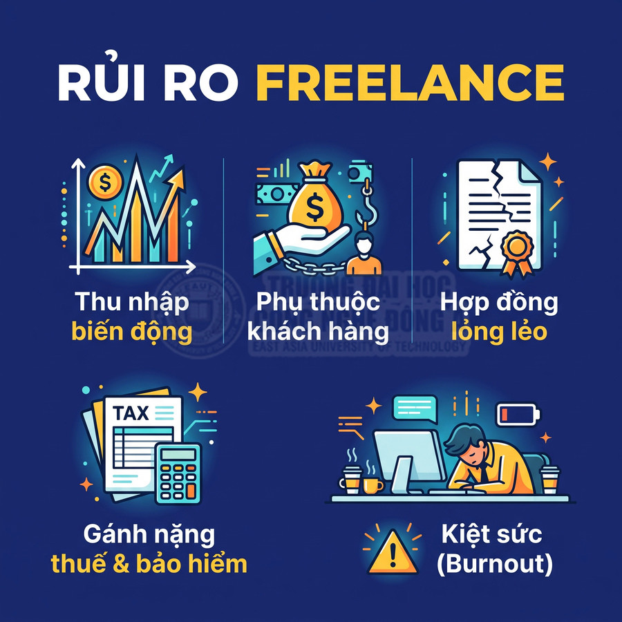 Các rủi ro khi làm việc freelance gồm thu nhập biến động, phụ thuộc khách hàng, hợp đồng lỏng lẻo, gánh nặng thuế và kiệt sức
