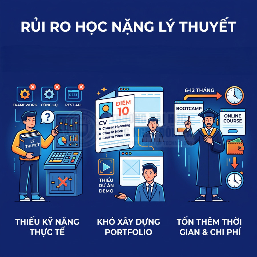 Minh họa rủi ro học nặng lý thuyết lập trình thiếu kỹ năng thực tế khó xây portfolio tốn thời gian và chi phí