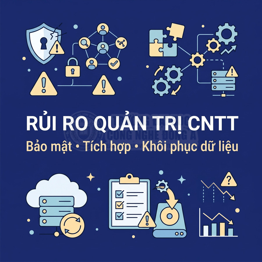 Đồ họa về rủi ro quản trị công nghệ thông tin, gồm bảo mật, tích hợp và khôi phục dữ liệu