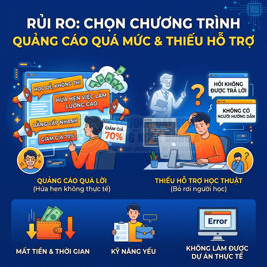 Rủi ro chọn chương trình học quảng cáo quá mức, thiếu hỗ trợ khiến mất tiền thời gian và kỹ năng yếu