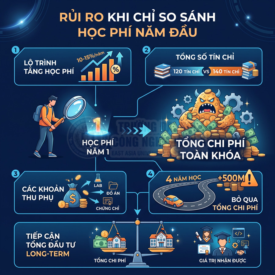 Infographic rủi ro khi chỉ so sánh học phí năm đầu và tổng chi phí toàn khóa đại học