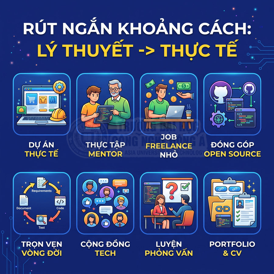 Poster lộ trình học lập trình rút ngắn lý thuyết và thực tế với dự án, thực tập, freelance, open source, cộng đồng, phỏng vấn, CV